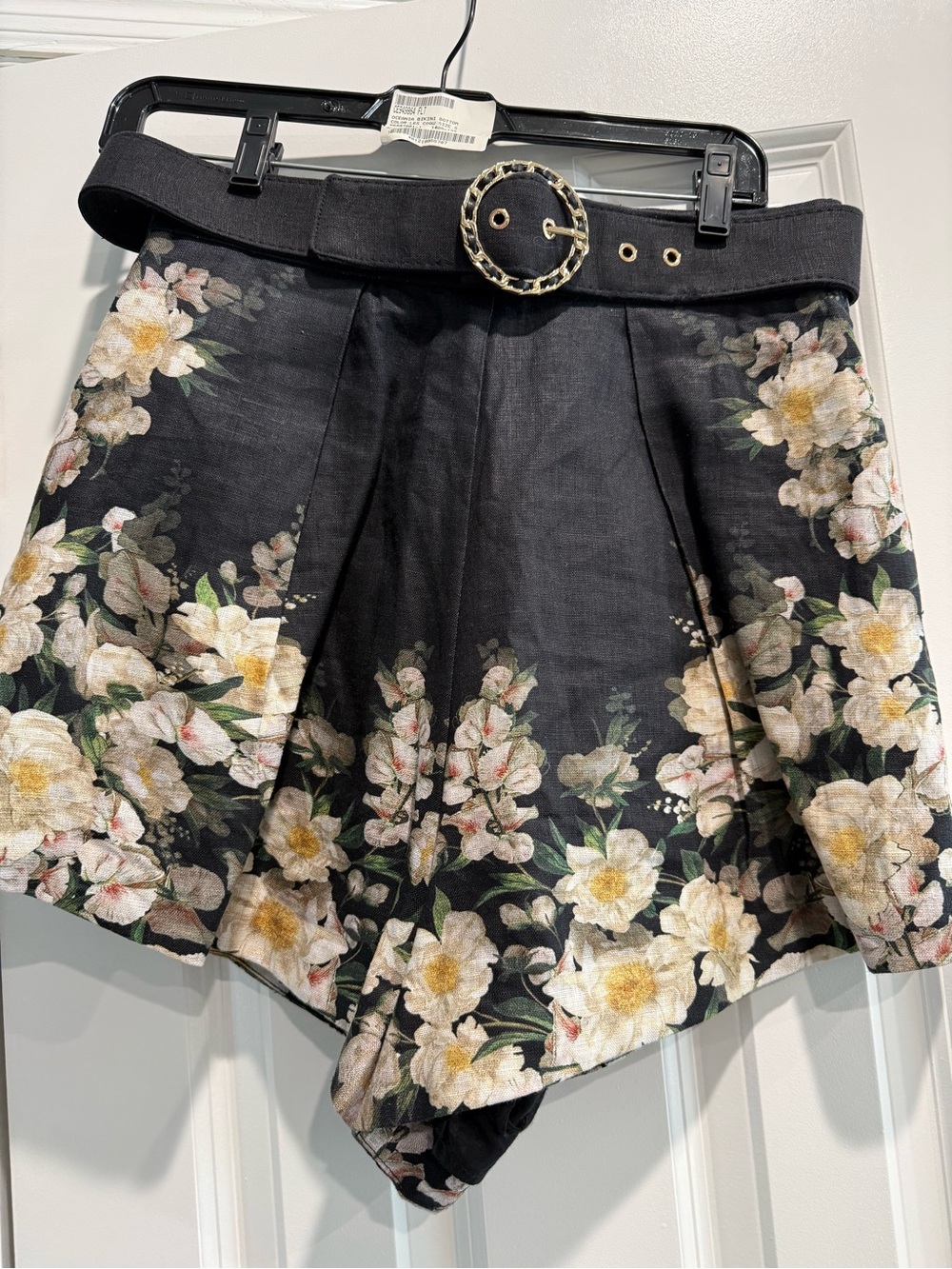 Zimmermann Black Floral High-Waist Pleated Shorts with Belt